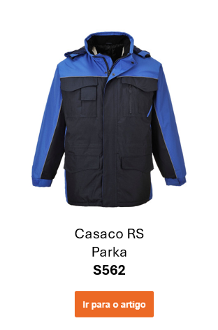 Imagem da Parka Forrada S562 em azul marinho com detalhes em azul royal. É fornecido um link para a página do artigo.