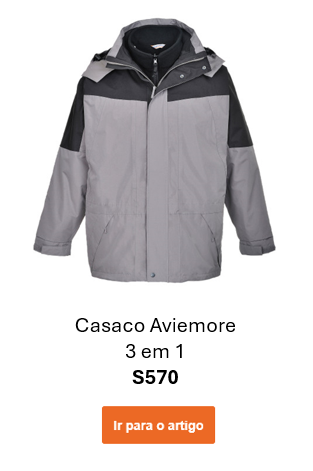 Imagem do casaco impermeável 3 em 1 Aviemore S570 para homem em cinzento com detalhes em preto. É fornecido um link para a página do artigo.