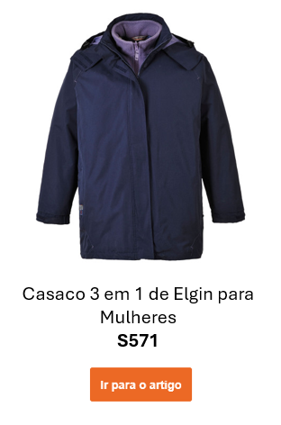 Imagem do casaco impermeável 3 em 1 para mulher Elgin S571 em azul marinho com detalhes em lilás. É fornecido um link para a página do artigo.