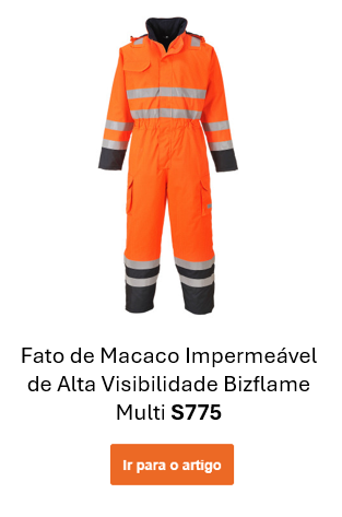 Imagem do Macacão Bizflame Multinorm Rain High Visibility S775 em laranja com riscas refletoras e detalhes azuis. É fornecido um link para a página do artigo.