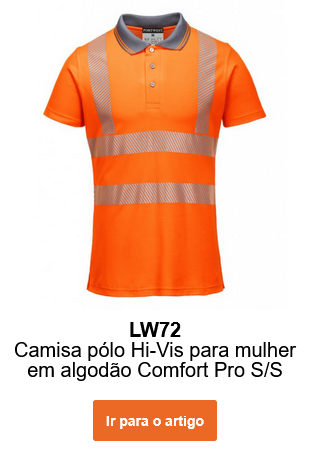 Imagem do Polo Pro High Visibility LW72 em cor de laranja com riscas refletoras. É fornecido um link para o artigo.