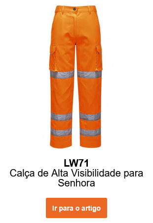 Imagem da calça de senhora de alta visibilidade LW71 em cor de laranja com riscas refletoras. É fornecido um link para o artigo.