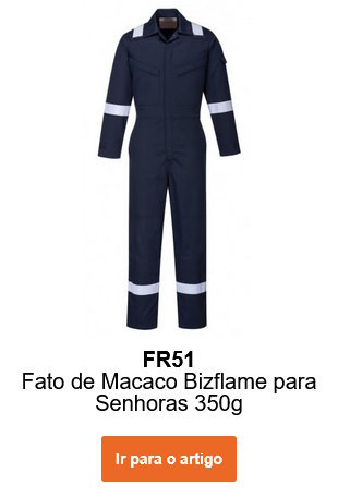 Imagem do Macacão Bizflame Plus 350g FR51 para mulher em azul com riscas refletoras. É fornecido um link para o artigo.