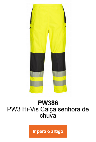 Imagem das calças de chuva de alta visibilidade PW3 para mulher PW386 em amarelo com riscas refletoras e detalhes em preto. É fornecido um link para o artigo.