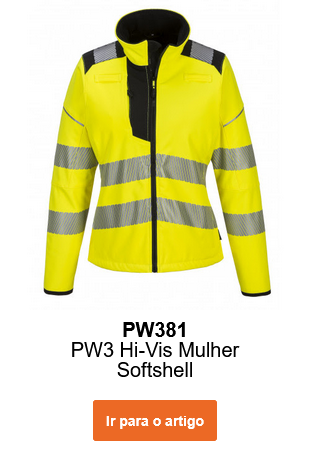 Imagem do casaco softshell de alta visibilidade para mulher PW3 PW381 em amarelo com riscas refletoras e detalhes pretos. É fornecido um link para o artigo.