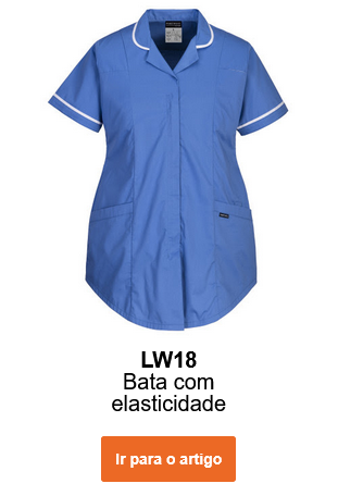 Imagem da túnica elástica de maternidade LW18 em azul com punhos brancos nas mangas e na gola. É fornecido um link para a página do artigo.