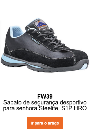 Imagem do Calçado de segurança para mulher Steelite S1P HRO FW39 em preto com detalhes em azul. É fornecido um link para a página do artigo.