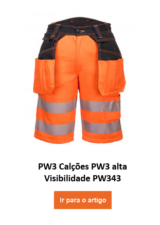 Imagem do short de alta visibilidade PW3 PW343 na cor laranja com listras refletivas, detalhes em preto e link para a matéria.