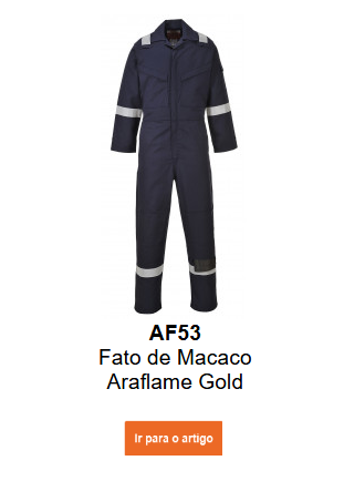 Imagem do fato-macaco Araflame Gold AF53, antiestático e retardador de chamas, em azul, com link para a página do produto.