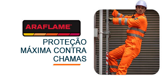 Logótipo da coleção Araflame em preto, vermelho e laranja com a legenda: Proteção máxima e inerente contra as chamas. Ao lado, está uma imagem quadrada de um trabalhador com um fato de proteção laranja e um capacete branco a subir uma escada. Está incluído um link para os artigos da nossa coleção Araflame.
