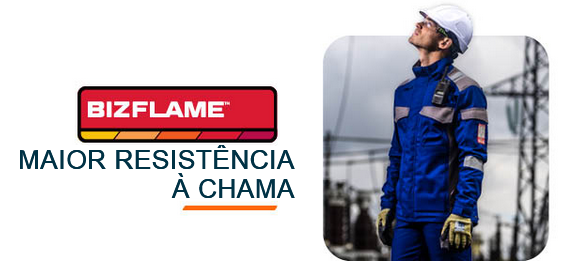 Logótipo da coleção Bizflame em vermelho, preto e laranja com a legenda: Máxima Resistência às Chamas. Ao lado, está a imagem de um trabalhador vestido com um fato de proteção azul, luvas e capacete branco, a olhar para cima. Linhas de energia e um poste de energia são visíveis ao fundo. Um link para a coleção Bizflame está incluído.
