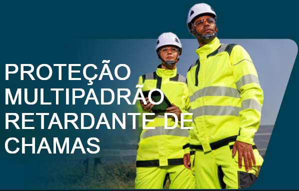 Imagem de dois trabalhadores com roupa amarela de alta visibilidade com capacetes brancos. Um sistema fotovoltaico pode ser visto ao fundo. "Proteção multipadrão resistente a chamas" é o título impresso em letras maiúsculas brancas por cima da imagem.