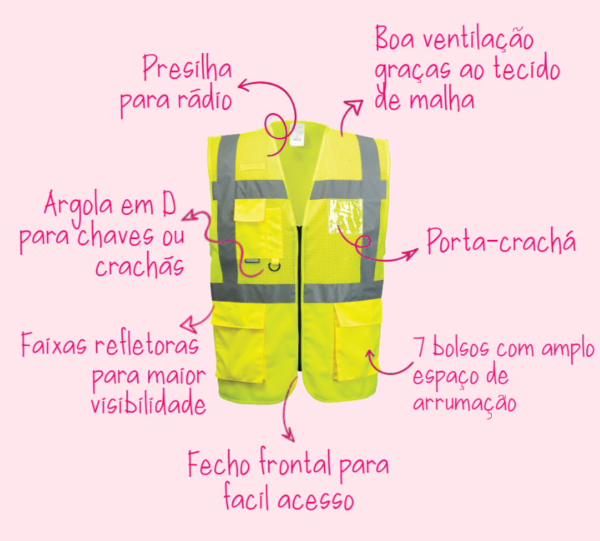 Vis&atilde;o geral das caracter&iacute;sticas do Colete Executive em Rede de Alta Visibilidade Madrid C496 com todas as informa&ccedil;&otilde;es do produto.