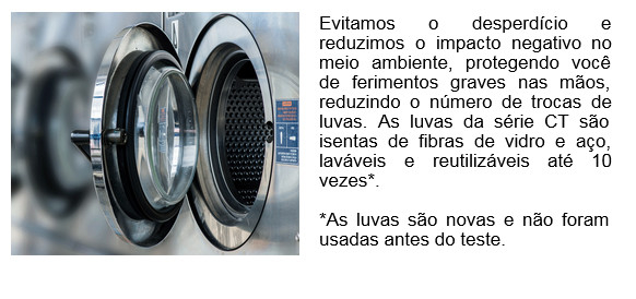 Informações sobre proteção ambiental por meio de melhor qualidade de material, juntamente com uma imagem de uma máquina de lavar.
