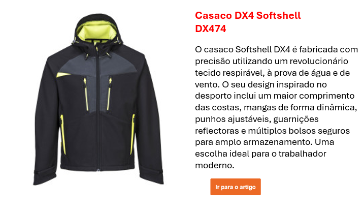 Imagem do Casaco Softshell DX4 DX474 em preto com detalhes em cinzento e amarelo, juntamente com uma descrição das principais características do produto, que pode ser encontrada na página do produto. É fornecido um link para a página do produto.