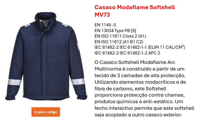 Imagem do casaco softshell Modaflame MV73 em azul com riscas refletoras, juntamente com uma descrição das principais características do produto, que pode ser encontrada na página do produto. É fornecido um link para a página do produto.