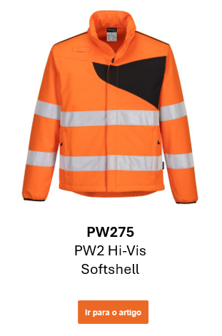 Imagem do casaco softshell de alta visibilidade PW2 PW275 em laranja com detalhes em preto e riscas refletoras. É fornecido um link para a página do produto.