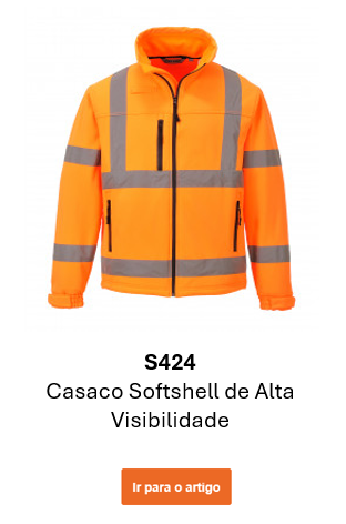 Imagem do Casaco Softshell Classic Hi-Vis S424 em cor de laranja com riscas refletoras. É fornecido um link para a página do produto.