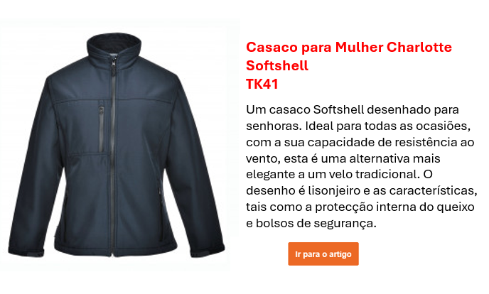 Imagem do Casaco Softshell Charlotte TK41 para mulher em azul, juntamente com uma descrição das principais características do produto, que pode ser encontrada na página do produto. É fornecido um link para a página do produto.