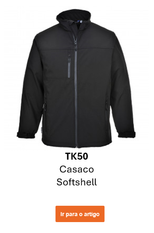 Imagem do Casaco Softshell Impermeável TK50 em preto, juntamente com um link para a página do produto.