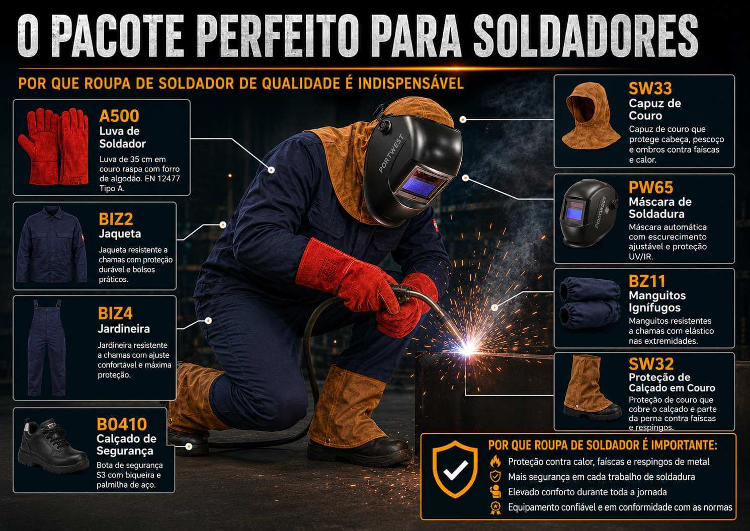 O pacote perfeito para soldadores com luvas A500, casaco BIZ2, jardineira BIZ4, calçado de segurança B0410, proteção de botas SW32, capacete de soldadura PW65, manguitos BZ11 e capuz em pele SW33
