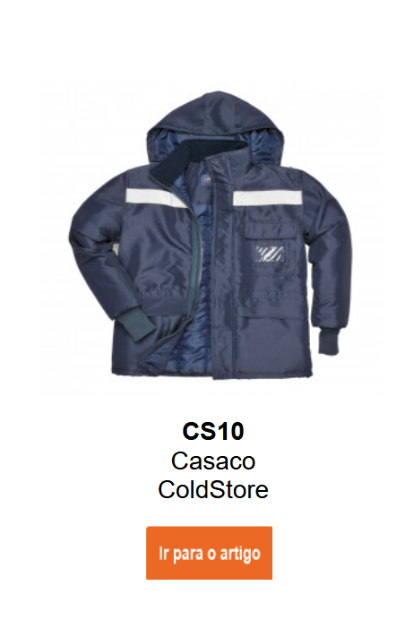 Imagem do casaco para c&acirc;mara frigor&iacute;fica CS10 em azul com faixas refletoras. Existe um link para a p&aacute;gina do produto.