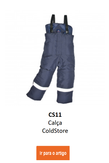 Imagem das cal&ccedil;as para c&acirc;mara frigor&iacute;fica CS11 em azul com faixas refletoras. Existe um link para a p&aacute;gina do produto.