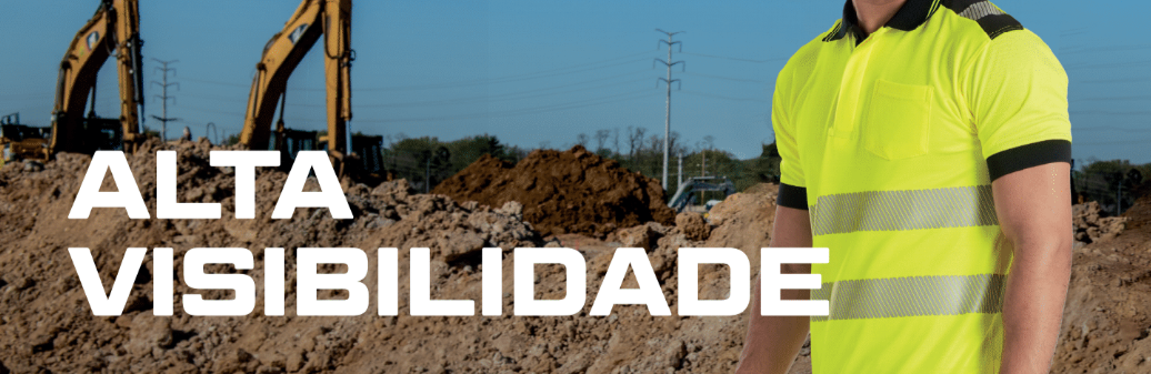 Trabalhadores em uma camisa polo amarela de advertência em frente a um cenário de canteiro de obras com guindastes laranja, linhas de energia e montes de terra. A inscrição branca diz "alta visibilidade".