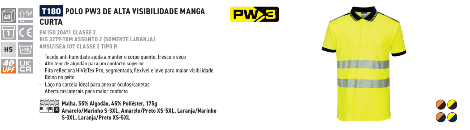 Exemplo de imagem da camisa polo PW3 warning protection T180 em amarelo warning com faixas refletoras. Fornecido link para o artigo.