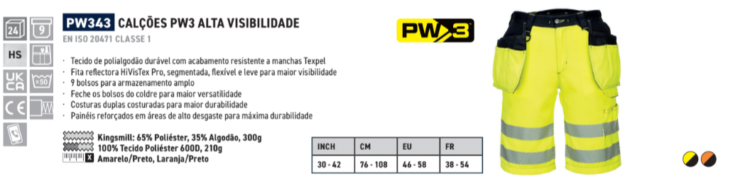 Exemplo de imagem do short de proteção de advertência PW3 PW343 em amarelo de advertência com um link para o artigo.