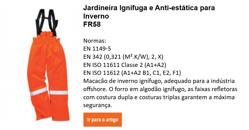 Imagem da jardineira de inverno Bizflame FR58 resistente ao fogo e antiestática, em laranja com alças pretas e faixas refletoras nos joelhos. O link leva à página do produto.