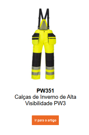 Imagem das calças de inverno de alta visibilidade PW351 em amarelo com faixas refletoras e detalhes azuis. O link leva à página do produto.