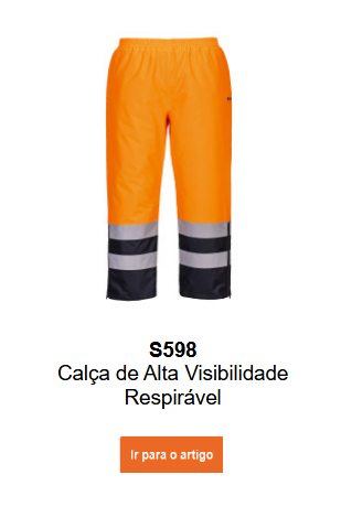 Imagem das calças de inverno de alta visibilidade S598 em laranja, com faixas refletoras e detalhes azuis. O link leva à página do produto.
