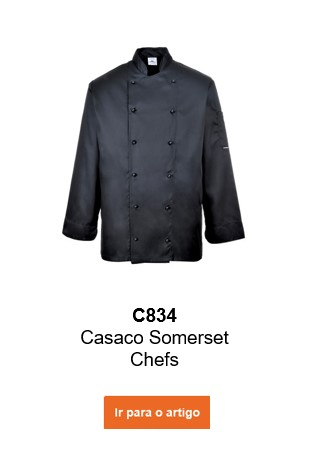 Imagem do casaco de chef Somerset C834 em preto com um link que leva à página do artigo.
