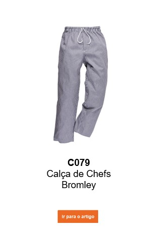Imagem das calças de chef Bromley C079 em padrão xadrez azul e branco com um link que leva à página do artigo.