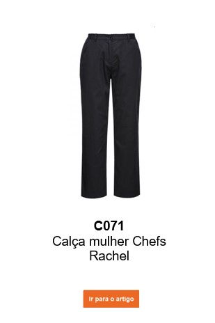 Imagem das calças de chef para mulher Rachel C071 em preto com um link que leva à página do artigo.