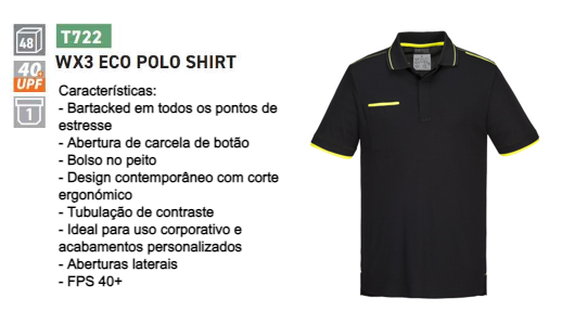Exemplo de imagem da camisa polo WX3 Eco T722 na cor preta com um link para o item e um breve resumo das características do produto.