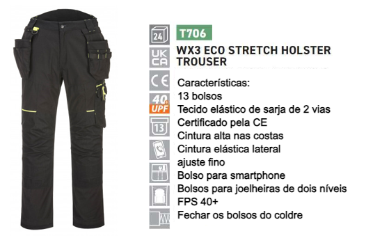Exemplo de imagem da calça WX3 Eco Stretch com bolsos coldre em preto T706 com um link para o artigo e um breve resumo das propriedades do produto.