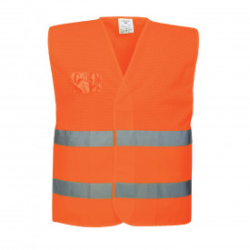 Portwest Colete de alta visibilidade em malha C494 em laranja. Est&aacute; inclu&iacute;do um link para a p&aacute;gina do artigo.