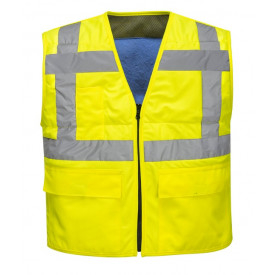 Portwest Colete fresco de alta visibilidade CV02 em amarelo. Est&aacute; inclu&iacute;do um link para a p&aacute;gina do artigo.