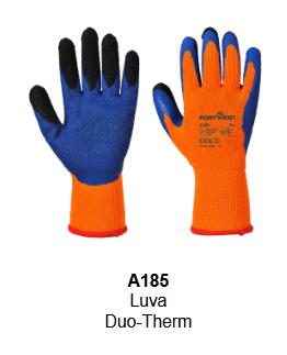 Imagem das luvas Duo-Therm A185 em laranja com palmas azuis, pontas pretas e punho vermelho. O link leva à página do artigo.