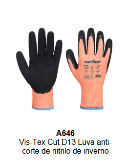 Imagem das luvas Vis-Tex Winter Nitrile A646 em laranja com detalhes pretos e punho azul. O link leva à página do artigo.
