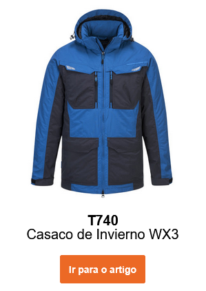 Imagem do casaco de inverno WX3 T740 em azul com detalhes pretos.