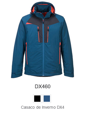 Jaqueta de inverno DX460 na cor azul com detalhes laranja-preto e link para o artigo.