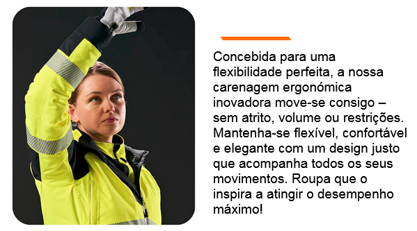 Fotografia de uma mulher com roupa de trabalho amarela e luvas a levantar o braço direito acima da cabeça. Ao lado da imagem encontra-se um texto informativo sobre a ergonomia da coleção PW3™. Existe um link que leva à coleção PW3™.