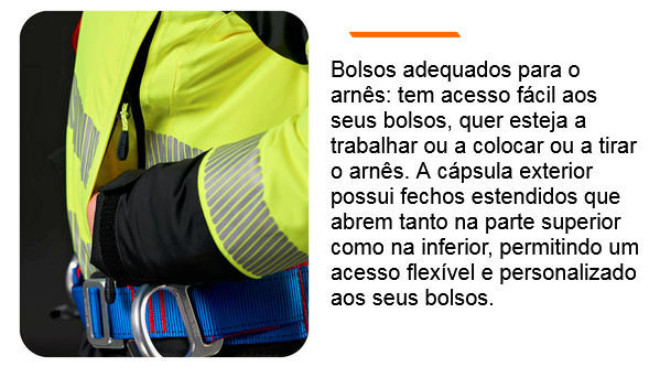 Um trabalhador veste um casaco de trabalho amarelo e preto com riscas refletoras e um arnês de escalada. O casaco possui bolsos adequados para cintos com fechos estendidos para acesso flexível. Ao lado da imagem encontra-se um texto informativo sobre bolsas adequadas para cintos de segurança. Existe um link que leva à coleção PW3™.