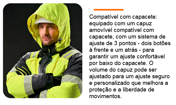 Um homem com barba usa um casaco de trabalho amarelo e preto com elementos refletores e capuz. O capuz é compatível com capacete, removível e está equipado com um sistema de ajuste de 3 pontos para um ajuste ideal. Ao lado da imagem encontra-se um texto sobre a compatibilidade dos capacetes da coleção PW3™. Existe um link que leva à coleção PW3™.
