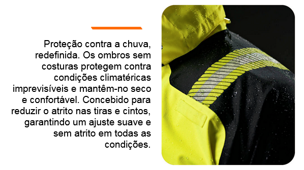 Grande plano de um casaco de trabalho amarelo e preto com gotas de água na superfície. O material é impermeável e os ombros sem costuras reduzem a fricção para maior conforto e proteção em condições climatéricas adversas. Existe um link que leva à coleção PW3™.