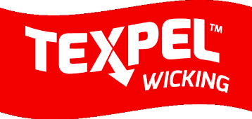 Logótipo do tecido Texpel Wicking em vermelho com letras brancas.