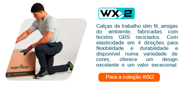 Breve introdução à coleção WX2 com uma foto de um trabalhador com calças de trabalho pretas, polo cinzento e luvas. Ajoelha-se no chão e fecha uma caixa. É fornecido um link para a coleção WX2.